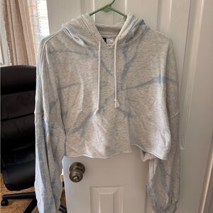 Light Gray Cropped Hoodie with Faded Blue Tie-Dye
